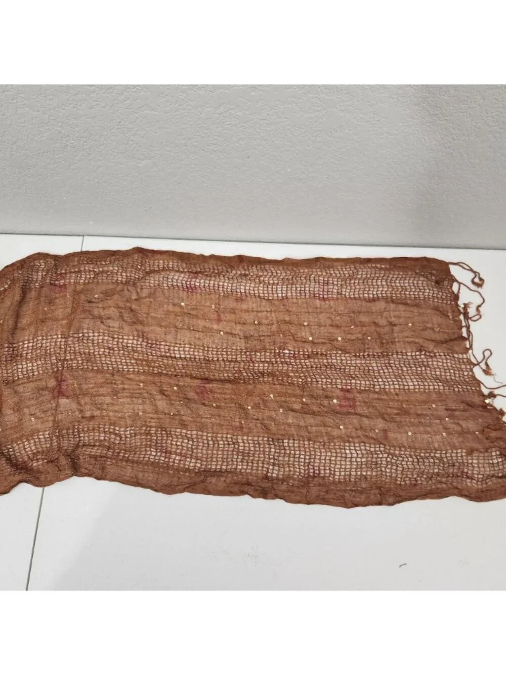 Lightweight Brown Paisley Sequin Scarf With Fringe Detail - Made In India - 100%